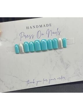 Short square Press on nails silver glitter teal light blue handmade custom gel
